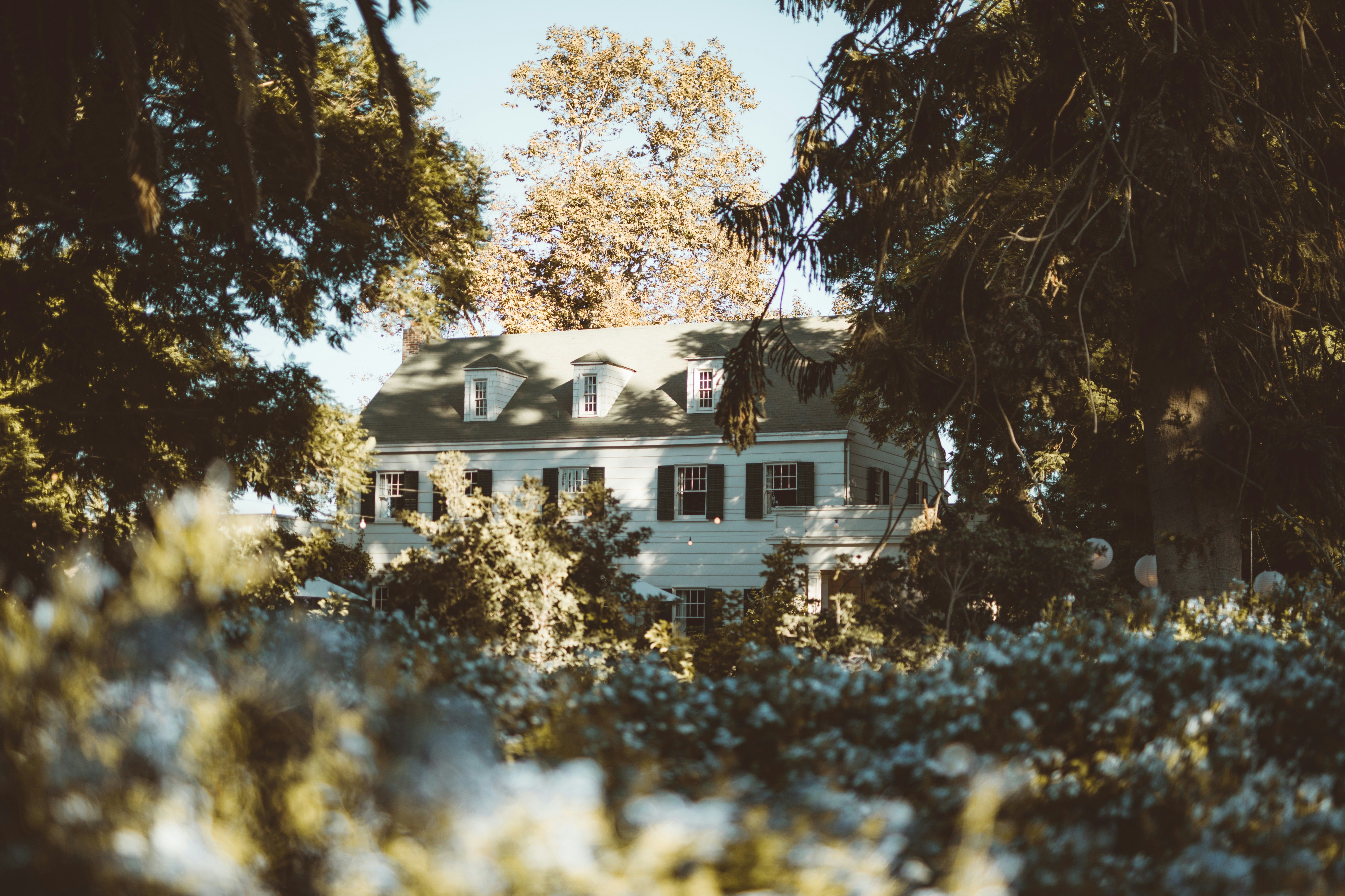 Historic home with green trees